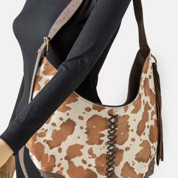 Fame Cow Print Hobo Shoulder Bag with Studded‎ Details - Picture 4 of 4
